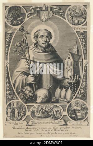 Saint Dominique, Cornelis Galle I, Flamand, 1576 - 1650, Theodor Galle, ca. 1571 - 1633, gravure sur papier ponté, Saint Dominic au centre ovale, en regardant vers la droite, une étoile sur son front. Il tient un crucifix et un nénuphar dans sa main droite, une église et un rosaire dans sa gauche. Avant lui un crâne, orbe, chien avec une torche. Trois petites scènes de sa vie autour du cadre. Ci-dessous, l'inscription: 'Benedictus Redemptor. omnium qui saluti providens nominum, Mundo dedit, SANCTUM DOMENICUM. IESU os, prece Domenici, tibi gratis praesta nos gratos efficaces. Ci-dessous les noms de l'artiste et de l'éditeur., pays-Bas Banque D'Images