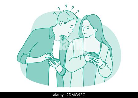 Smartphone, communication en ligne, concept de chat. Jeune couple regardant les autres smartphones, chat, recherche d'informations sur Internet, appel Illustration de Vecteur