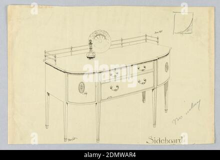 Conception pour panneau latéral avec rail en laiton et pieds en laiton, A.N. Davenport Co., stylo et encre noire, un peu de graphite, sur papier crème mince, panneau latéral rectangulaire avec coins arrondis et six pieds coniques droits; façade plate avec trois tiroirs : deux plus petits côte à côte sur un plus grand; panneaux latéraux décorés de médaillons de patera; rail en laiton à l'arrière du haut; Esquisse de carafe à vin et de plat au-dessus du panneau latéral ; également légère esquisse du coin supérieur droit du rectangle., 1900–05, mobilier, dessin Banque D'Images