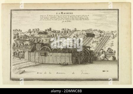 La machine de Marly vue de la Seine près de Saint-Germain-en-Laye, Charles Inselin, Français, n. ca. 1673, Nicolas de fer, français, 1646–1720, Etching, vue de la machine de Marly depuis les rives de la Seine et la colline au-delà montrant des « balangers ». Parties de la structure étiquetées., ca. 1700, architecture, impression Banque D'Images