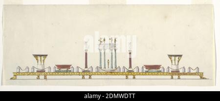 Design pour une surface de table (pièce maîtresse), stylo et encre noire, pinceau et aquarelle, gouache, graphite sur papier vélin blanc cassé, PLATEAU, soutenu par des pieds de lion, dont le pavillon central est flanqué de vases sur colonnes, par des bols bas et plus hauts, Ces derniers sont soutenus par Atlantes debout sur des socles ronds. Le plateau est bordé à ses bords par une série de paires de poteaux reliés par des chaînes., Rome, Italie, début du XIXe siècle, travail des métaux, dessin Banque D'Images