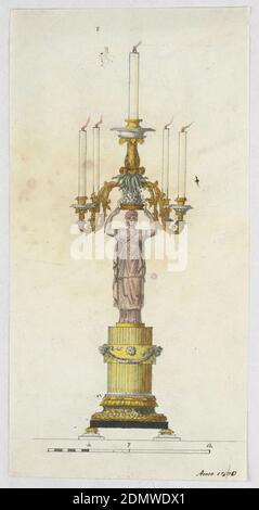 Design pour un Candlestick, stylo et encre, pinceau et aquarelle, graphite sur papier, rectangle vertical. Conception pour un bougeoir, base composée d'une courte colonne avec une bande circulaire soutenue par des boutons. Sur le dessus de la colonne se trouve un caryatide avec un panier de fleurs sur sa tête; émergeant du panier au centre est une coupe de fleur d'acanthus. L'acanthus soutient le bol de la lampe ci-dessus, qui se termine par une douille au centre et quatre branches à gauche et à droite, chacune tenant une bougie allumée. Échelle ci-dessous., Rome, Italie, 1800, éclairage, dessin Banque D'Images