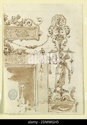 Projet pour une chimièce, Graphite, stylo et encre, pinceau et sépia sur papier, la moitié droite d'une chimièce. Dans la frise sont des figures dansantes. Au-dessus de l'entablature se trouve un renceau avec un puto unique. A côté se trouve une figure ailées et un motif candélabrum avec un vase et paon., Europe, fin du XVIIIe siècle, intérieurs, dessin Banque D'Images
