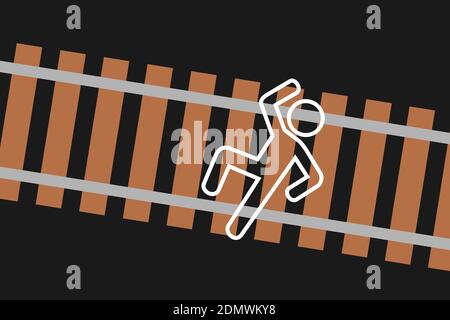 Chalk outline over railway and railroad track after dead man is hit killed by train. Vector illustration Stock Photo