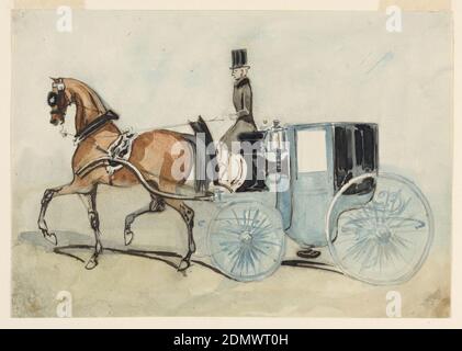 The Blue Brougham, Constantin Guys, Français, 1802 – 1892, stylo et encre noire, pinceau et aquarelle sur papier, rectangle horizontal. Un brougham bleu dessiné par un cheval marron-châtaignier portant un harnais noir avec des fixations argentées. Coachman conduisant le chariot dans la décoration noire; fond gris-bleu., France, ca. 1860, figures, dessin Banque D'Images