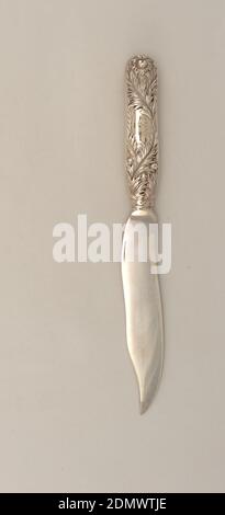 Couteau, dessert (1), Tiffany & Company, cuisine américaine, établie en 1853, argent, lame argentée arrondie. Manche profilé avec motif chrysanthème avec B gravé dans la réserve., New York, Etats-Unis, fin du XIXe siècle, coutellerie, Arts décoratifs, couteau, dessert (1 Banque D'Images