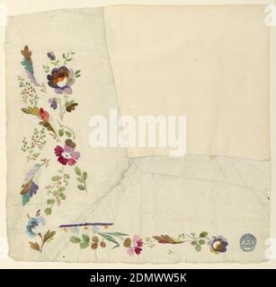 Design pour les parties de la broderie d'un gilet de costume d'homme, pinceau et aquarelle, pinceau et blanc sur papier, disposé à former un angle. Creux de fleurs. Motif bordure, feuilles alternées sous une bande. Inverse : tracé; bord incurvé avec moitiés de fleurs., France, 1780–1790, dessin Banque D'Images