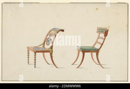 Design pour deux chaises, Jean Démosthène Dugourc, français, 1749–1825, pinceau et aquarelle, stylo et encre noire, graphite sur papier blanc coulé, bordure réglée en stylo et encre noire., à gauche : chaise avec dossier incliné, panneau horizontal percé, médaillon central répété sur le siège. Dos jambes courbées, motifs de masque au niveau de l'articulation. Jambes avant décorées de cinq éléments circulaires., à droite : chaise avec jambes écartées, dos convexe, rail supérieur rembourré en vert avec scène de figures classiques en blanc. Siège capitonné vert., France, Allemagne, 1790, mobilier, dessin Banque D'Images