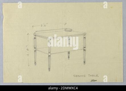 Design pour table de service sur pieds à arrêt, A.N. Davenport Co., Graphite sur papier crème fin, dessus moulé rectangulaire relevé sur 4 pieds droits, cannelés, rollés; tablette inférieure fixée à mi-hauteur du plancher; bas dosseret; pile de plaques illustrée coin supérieur droit du haut., 1900–05, mobilier, dessin Banque D'Images