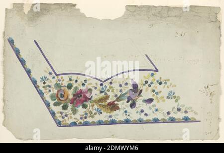 Design pour gilet de costume, craie noire, stylo, encre, et diverses gouaches sur papier, piquant, Design pour broderie à la bordure d'un gilet de costume d'homme. Schéma de la conception similaire à -190. Un bouquet de fleurs décorent le champ sous la poche. Une fleur borde la poche est grossièrement esquissée. Une bordure de moitiés de fleurs alternant avec des feuilles se trouve sur le bord du gilet., France, 1780-1790, dessin Banque D'Images