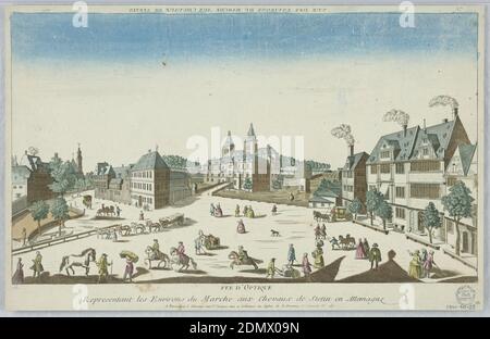 PEP-show, vue d'optique présentant les environs du marché aux chevaux de Statin en Allemagne, gravure à l'encre avec des lavages d'aquarelle sur papier, monté sur la page de scrapbook, impression PEP-show, France, ca. 1750, Imprimer Banque D'Images