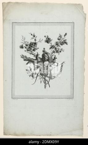 Trophée avec les instruments de la chasse, plaque 3 de 'Suite de trophées de chasse', Suite VI, Etienne Claude Voytard, Français, 1746 - 1812, Pierre Ranson, Français, 1736–1786, gravure sur papier, Falcons, corne de chasse et autres instruments de la chasse et des guirlandes de fleurs, forment un trophée. Ci-dessous, les noms du graveur et du concepteur. Depuis : « Suite de trophées de chasse », suite VI, planche 2., France, 1778, Print Banque D'Images