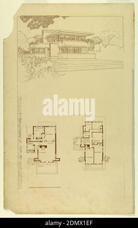 Perspective et plan pour Gale House, Oak Park, il, Lithographie sur papier, vue en perspective de la maison en haut, plus deux vues en plan à gauche et à droite, ci-dessous., Allemagne, USA, 1910, architecture, Imprimer Banque D'Images