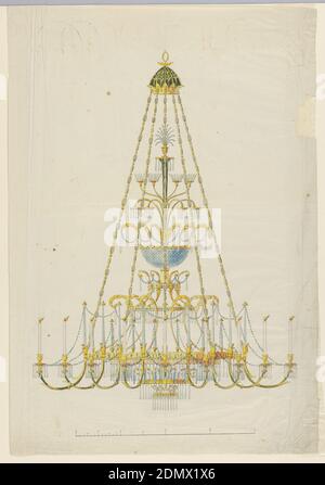 Design pour lustre, stylo et encre noire, pinceau et aquarelle, graphite sur papier, rectangle vertical. Design pour un lustre, sur le dessus est un anneau. La partie supérieure a la forme d'un parasol de jardin, d'où un autre parasol est suspendu. Les bougies sont transportées par des branches, fixées à deux anneaux, huit--cinq sont montrés--à un supérieur, seize sont montrés à un inférieur. Ci-dessous se trouve un bol en verre. Échelle ci-dessous., Autriche, env. 1830, éclairage, dessin Banque D'Images