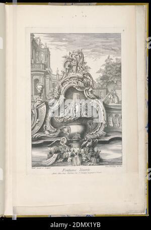 Fontaine avec une cartouche et des bâtiments, Pierre Edme Babel, français, ca. 1720-1775, Pierre Edme Babel, français, env. 1720-1775, Jacques Chéreau, français, 1688–1776, Etching sur papier blanc cassé, dessin de fontaine sous forme de cartouche et présentation de bâtiments en arrière-plan, France, 1700–1775, architecture, Imprimer Banque D'Images