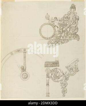 Dessins pour pièces d'un entraîneur, stylo et encre sépia, graphite sur papier, rectangle vertical. Concevoir des parties d'un entraîneur plus probablement du Pape Gregory XVI (1831-1846) que du Pape Pie IX (1846-1878). Au-dessus, le centre et la moitié droite du crasting à l'arrière. Un puto soutient avec la main droite la tiara au-dessus d'une couronne de Laurier et avec la main gauche une guirlande. Une cornucopia et des reneaux à l'extérieur. Ci-dessous à gauche, une partie d'une roue, à droite le bois sous le chariot du conducteur, vu du côté; au-dessus des franges de la drapererie., Rome, Italie, 1835–40, transport, dessin Banque D'Images