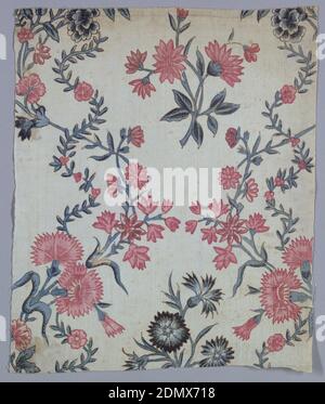 Textile, Moyen: Coton technique: Mordant pour 2 rouges et noir appliqué par stylo et pinceau; additionneur teint; bleu appliqué sur la résistance; jaune appliqué sur le bleu pour le vert; chintz sur le tissage Uni, dessin de vignes et de fleurs. Les parties extérieures de la conception sont symétriques verticalement; les motifs centraux ne le sont pas. Adaptation indienne d'un tissu tissé européen., Inde, XVIIIe siècle, textiles imprimés, teints et peints, textile Banque D'Images