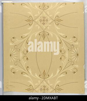 Papier de plafond, W. Campbell & Co., imprimé à la machine, papier ingrain, mica, motif de volutes en crème sur papier ingrain. Finition MICA. Non 3442. N° 2285., États-Unis, 1890–1900, revêtements muraux, papier de plafond Banque D'Images