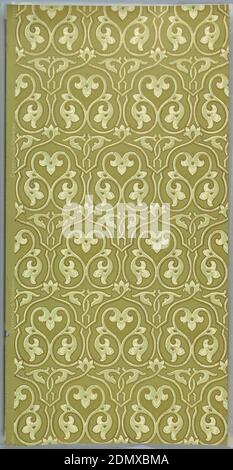 Sidewall, Cresswell & Washburn Ltd, Philadelphie, Pennsylvanie, 1880 - 1900, papier imprimé à la machine, sur sol gris foncé, scrollwork blanc avec cadre à perles dorées., Philadelphie, Pennsylvanie, États-Unis, 1905–1915, revêtements muraux, flanc Banque D'Images