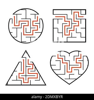 Un jeu de mazes. Cercle, carré, triangle, coeur. Jeux pour enfants. Puzzle pour enfants. Une entrée, une sortie. Tambour de conuntambour de labyrinthe. Vecteur plat illustr Illustration de Vecteur