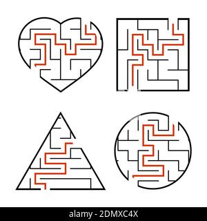 Un jeu de mazes. Cercle, carré, triangle, coeur. Jeux pour enfants. Puzzle pour enfants. Une entrée, une sortie. Tambour de conuntambour de labyrinthe. Vecteur plat illustr Illustration de Vecteur