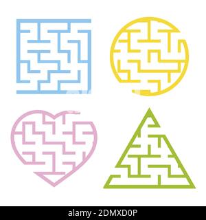 Un jeu de mazes de lumière colorée. Cercle, carré, triangle, coeur. Jeux pour enfants. Puzzle pour enfants. Une entrée, une sortie. Tambour de conuntambour de labyrinthe. Plat Illustration de Vecteur