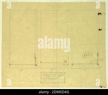 Drapery Schemes, Henry J. Allen Residence, Wichita, Kansas, George Mann Niedecken, 1878–1945, Henry J. Allen, Elsie J. Nuzman (Mme Henry J.) Allen, Graphite, crayon couleur sur papier beige, trois motifs pour la drapery, rectangles verticaux, organisés horizontalement sur la page. Chaque dessin a une décoration composée de lignes droites, angles droits, et carrés dans le coin inférieur droit., USA, 1917, meubles, dessin Banque D'Images