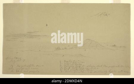 Mont Chimborazo au coucher du soleil, église Frederic Edwin, américaine, 1826–1900, Graphite sur papier vélin Havane, vue horizontale avec le pic à droite. Le soleil est juste au-dessus de la chaîne de montagnes. Nuages élevés à gauche et dans le ciel droit., 1857, paysages, dessin Banque D'Images