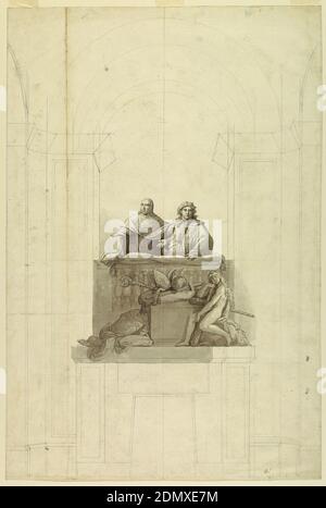 Vue détaillée des trois figures, crayon, stylo, encre noire, lavage noir., quelques détails sont infinis; la balustrade est esquissée, le réceptacle est sans décoration et l'architecture est décrite., Italie et France, ca. 1818, dessin Banque D'Images