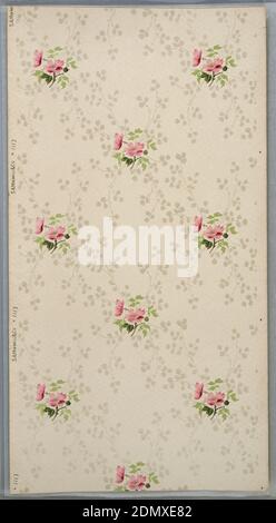 Ceiling paper, Maxwell & Co., S.A., Chicago, Illinois, USA, Machine-printed paper, liquid mica, All-over repeating two-flower and white mica flower bouquets. Cream ground. Printed in greens, pinks, brown, and white mica., USA, 1905–1915, Wallcoverings, Ceiling paper Stock Photo