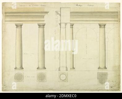 Élévation de la section d'un mur avec colonnes et arche à droite, Graphite, pinceau et aquarelle, stylo et encre brune sur papier crème, colonnes toscanes supportant les tablatures; échelle ci-dessous. Côté droit, deux colonnes soutenant les arcs et la entablature. Dimensions de tous. Profil des colonnes avec entablature et cornice., Marseille, France, 16 avril 1886, architecture, dessin Banque D'Images