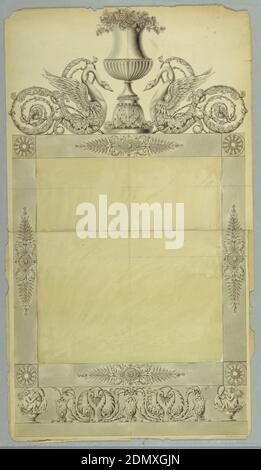 Design pour cadre métallique, Johann Alois Seethaler, 1796 – 1835, stylo et encre, pinceau et aquarelle, rosette et motifs feuilles de palmier au centre de chaque côté. La mise à plat est composée de cygnes en face qui se terminent dans des arabesques végétales, flanquant une urne de raisins. Le motif de la base est au centre, arabesques de feuilles, avec des cygnes embrassant amorini assis au coin., 1825–35, travail des métaux, dessin Banque D'Images