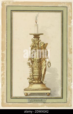 Design pour un Candlestick de bronze, Jean-Jacques-François le Barbier, français, 1738 – 1826, stylo et encre noire, pinceau et gris, lavage brun, aquarelle jaune sur papier ponté doublé d'un support papier, le dessin pour le chandelier est positionné au centre de la feuille. L'arbre de la bougie est composé d'une figure femelle ailée (le génie de la paix) debout à côté d'un canon, positionné verticalement, qui soutient la douille avec une bougie en feu. La figure féminine a le pied droit sur une équipe avec un croissant. Un anneau de grenades soutient la base. Le support est doté d'un monogramme FR et d'une bordure dorée Banque D'Images