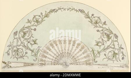 Design for a Fan, Mary Morison Brownson, American, Graphite, or, pinceau et aquarelle sur papier, Design for a Fan. Rectangle horizontal : motif feuilles et raisin, doré, sur fond vert neutre., pli vertical, étudiant à la Woman's Art School, Cooper Union, Graduate-Art, Day, 1896, New York City, USA, 1894, costume et accessoires, dessin Banque D'Images