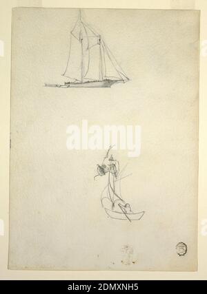 Goélette et trois Dinghies, Winslow Homer, cuisine américaine, 1836–1910, Graphite sur papier pressé à froid, vue verticale montrant en haut une goélette sous voile et trois dinghies et en bas un bateau étant ralisé par un homme et des voiles. Horizontalement au centre du dessin se trouve la partie supérieure d'une femme penchée sur un parapet., Angleterre, USA, 1880, Seascapes, dessin Banque D'Images