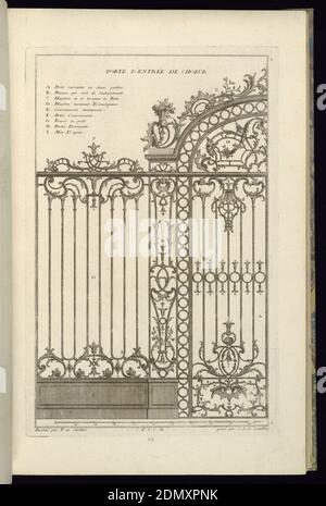 Porte d'entrée de Choeur, François de Cuvilliés l'ancien, belge, active Allemagne, 1695 - 1768, Karl Albert von Lespilliez, 1723–1796, Nicolas Jean-Baptiste de Poilly, français, 1712–après 1758, gravure et gravure sur papier blanc cassé, neuf éléments de la grille sont marqués A-I, avec une clé en haut à gauche. Échelle en dix pieds., Allemagne, 1745, métallurgie, impression Banque D'Images