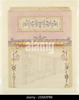 Design for the Corridor to the Chinese Gallery, Royal Pavilion, Brighton, Frederick Crace, anglais, 1779–1859, pinceau et aquarelle, graphite sur papier vélin crème, rectangle vertical. Design pour le Pavillon Royal, Brighton. Au premier plan, l'une des divisions de la galerie charpente trelliswork, accrochée à des cloches en bois, et surmontée d'une section contenant un panneau de verre rectangulaire ornemental peint. Standard avec des lanternes suspendues de chaque côté. En perspective, à gauche, le côté ouest de la Galerie est visible. Avec cheminée et niches à gauche et à droite contenant des armoires Banque D'Images