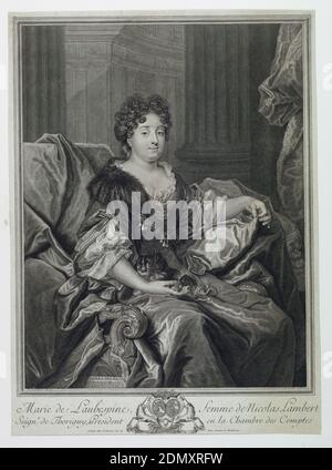 Portrait de Madame Lambert (Marie de Laubespine), Pierre Drevet, 1663 - 1738, Nicolas de Largillière, 1656 - 1746, gravure sur papier, portrait presque complet de la jeune femme assise dans un fauteuil. Vue de trois quarts vers la droite. La robe est entourée d'un décolleté en décolleté rond par le lac. Une partie de la fourrure de son manteau est au-dessus de son épaule droite. Elle tient un chien sur ses genoux. En arrière-plan, des colonnes et un mur avec des pilastres. Inscrit, en bas à gauche: 'N. Largilliere pinxit; en bas à droite: P. Drevet Sculpt.'; marge inférieure: 'Marie de Laubespine, femme de Nicolas Lambert; / Seign^r. de Thorigny Banque D'Images