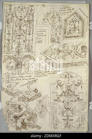 Six études décoratives; Verso, Etude anatomique, Felice Giani, Italien, 1758–1823, stylo et encre, pinceau et aquarelle se lave sur graphite sur papier cousu, six études décoratives montrant des partitions avec putti et guirlandes; allégorie du temps. Verso: Étude anatomique du bras droit; frise de Nereid et Triton., Italie, 1814–18, conception graphique, dessin Banque D'Images