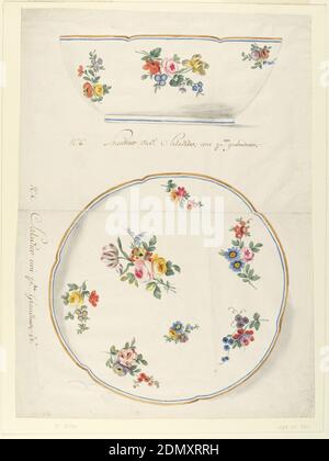 Motif pour un saladier en porcelaine peint, pinceau et aquarelle, stylo et encre, craie noire sur papier peint en crème, saladier en élévation (ci-dessus) et plan (ci-dessous) avec bordure légèrement festonnée peinte en or et bleu. Intérieur et extérieur du bol décoré avec des pulvérisations de fleurs éparses, y compris des roses, des iris et des tulipes. Un peu d'ombrage au-dessus du pied du bol (en vue perspective) et à gauche et en bas à droite de la vue intérieure., ca. 1775, céramique, dessin Banque D'Images