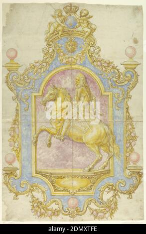 Décoration murale pour Cosimo III de' Medici, Giovanni Battista Foggini, 1652 – 1725, encre à plumes et brune, pinceau et aquarelle, craie noire, graphite sur papier blanc, rectangle vertical. Statue du roi blindé, galopant à gauche (à exécuter en relief), debout sur une console devant un fond de marbre rose. Cadre en métal avec marbre bleu comme partie intérieure. Sur le dessus deux putti ailé sur un volute, tenant avec leurs mains droites une boule bleue avec trois nénuphars et soulevant avec leurs mains gauches une couronne royale., Florence, Italie, ca. 1690, ornement, dessin Banque D'Images