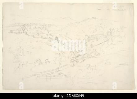 Croquis d'un paysage de Catskill (vue de la Kaanterkill), église Frédéric Edwin, américaine, 1826–1900, Graphite sur papier blanc, Recto: Un large paysage vallonné vue, avec un ruisseau au centre, qui coule au premier plan. Maisons illustrées. Daté, en haut à droite: 'ep 1844' et ci-dessous: 'Vue de la Kaanterskill'. En bas à droite : 'woods,' 'Gravelly Beach.' Verso: Un fermier vu de l'arrière (montré deux fois) et un grand arbre en feuilles. Daté, centre: 'Oct 1844.', Etats-Unis, septembre 1844, paysages, dessin Banque D'Images