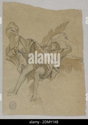 Etude pour un Ange, Francis Augustus Lathrop, américain, 1849 - 1909, aquarelle de pinceau et de brun, graphite sur papier brun, figure ailée des pieds, sur les nuages, couché et endormi. Le vent souffle la drapery vers le haut., USA, 1880–95, figures, dessin Banque D'Images