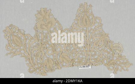 Collar fragment, Medium: linen Technique: needle lace, early 17th c. and style, Collar fragment with symmetrical plants forming pointed tabs., Italy, early 17th century, lace, Collar fragment Stock Photo