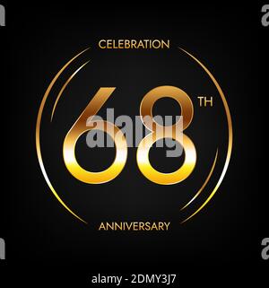 68th anniversary. Sixty-eight years birthday celebration banner in bright golden color. Circular logo with elegant number design. Stock Vector