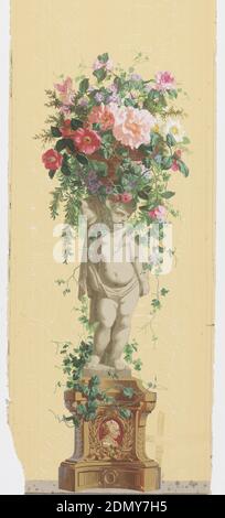 Panneau décoratif, Jules Desfossé, français, active 1851 - 1863, papier imprimé en bloc, Statue d'un nourrisson, debout sur un piédestal recouvert de vigne, soutenant un panier de fleurs grimpantes., Paris, France, 1856–57, revêtements muraux, panneau décoratif Banque D'Images