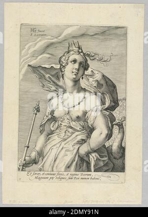 Juno, des trois Goddesses, Hendrik Goltzius, Netherlandish, 1558 – 1617, Jan Saenredam, Néerlandais, 1565 - 1607, gravure sur papier ponté, Juno, demi-longueur, portant une couronne et tenant un sceptre, accompagné d'un paon à droite, ca. 1595, Imprimer Banque D'Images
