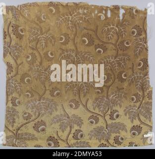 Textile, moyen: Coton technique: Imprimé par rouleau gravé sur du tissu Uni, fragment, coton imprimé dans des tons de brun; fond de tiges et de fleurs courgeuses et feuilles de plumes dans des tons de brun foncé; parties réservies en blanc. Rouleau d'impression, Angleterre, 19e siècle, textiles imprimés, teints et peints, textile Banque D'Images