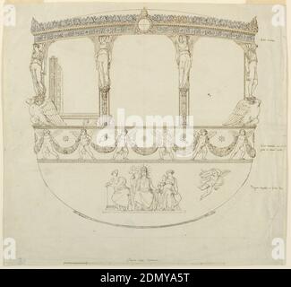 Design pour pièces d'un Coach, stylo et encre sépia, graphite sur papier, rectangle vertical. Concevoir des parties d'un entraîneur plus probablement du Pape Gregory XVI (1831-1846) que du Pape Pie IX (1846-1878). Vue en profil du côté opposé au côté d'entrée du corps. Au centre de la frise, escutcheon papale. Trois fenêtres avec des anges comme caryatides sur les colonnes au cadre. Ci-dessous, une frise avec putti soutenant les guirlandes, comme écrit à droite: 'fondo cremisi con ornat/ putti di relievo dorati.' [fond cramoisi avec ornements/ relief de chérubins guildés] sous la position assise- 'Figure dispinte dans le fondo d'oro Banque D'Images