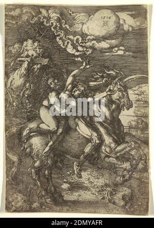 Enlèvement de Proserpine sur une licorne, Albrecht Dürer, allemand, 1471–1528, gravure sur papier blanc cassé, Pluton, à cheval sur une licorne, galopant d'un tourbillon de mousse de mer sur les rochers à gauche, réalise la jeune Proserpine. Ci-dessus, les nuages tourbillonnants montrent le monogramme de Dürer et date '1516'., Allemagne, 1516, chiffres, Imprimer Banque D'Images